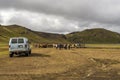 Eople preparing for Icelandic horse riding in Fridland ad Fjallabaki Natural park in Highlands of Iceland